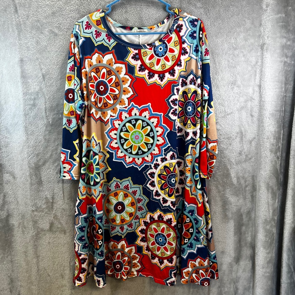 Womens‎ XL Boho Mandala Floral Tunic Dress Multicolor 3/4 Sleeve Pockets Hippie